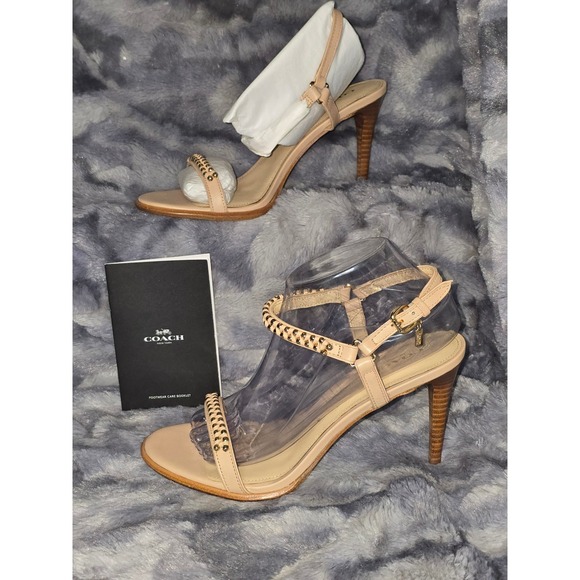 NWB Coach Kalie Calf Leather bead chain Heel Sandals Beechwood Size 8.5